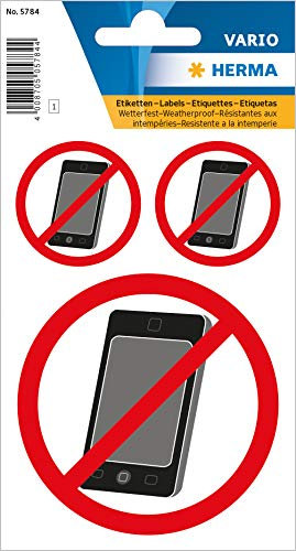 HERMA 5784 Handy verboten Aufkleber wetterfest, 3 Stück, Ø 3,5 cm, Ø 7,4 cm, selbstklebend, klein, groß, rund, Handyverbot Etiketten, kein Smartphone Schild aus Folie für Außen- und Innenbereich