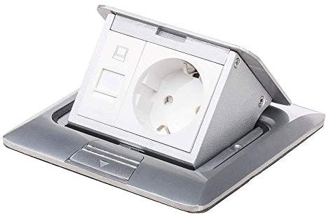 Einbausteckdose Fußbodensteckdose Steckdose 2-fach RJ45 & Schuko Kinderschutzdose Edelstahl für Boden & Wand Bodendose
