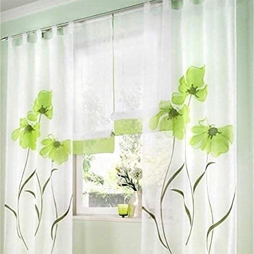 SIMPVALE 2 stücks Gardinenschal Gardine Print Blumen Vorhang für Wohnzimmer Schlafzimmer Schlaufenschal, Breite 150cm / Höhe 145cm, Grün