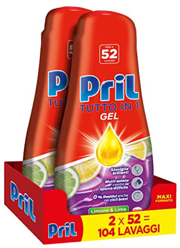 Pril Gel All In One Limone & Lime, Detersivo Lavastoviglie Liquido Multi-Azione Sporco Difficile, 2 Confezioni x 52 Lavaggi (104 lavaggi)