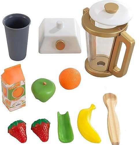 KidKraft Batidora de Vaso de Juguete de Madera Dorada con Frutas, Accesorios de Cocina de Juguete, Electrodomésticos Cocina para Jugar, Juguetes niños 3+ años (53537)