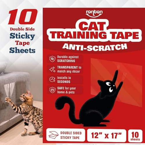 Ronton Cat Scratch Deterrent Tape - 12 in X 17 Anti Scratch Tape for Cats | 100% Transparent Clear Double Sided Training Tape | Pet & Kid Safe | Furniture, Couch, Door Protector (10 Sheet)