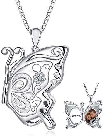 LONAGO Argent Sterling 925 Personnalisé Médaillon Collier Qui Tient Des Photos Papillon Médaillon Pendentif Collier Bijoux pour Femmes (Papillon 2-Médaillons+Photo)