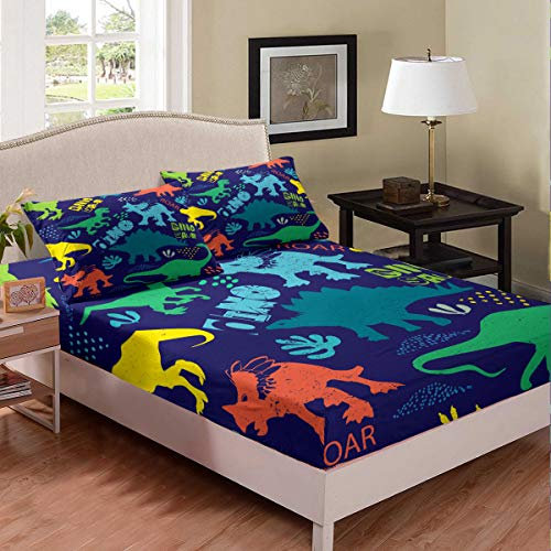 Dinosaurier-Bettwäsche-Set mit Cartoon-Dinosaurier-Motiv für Kinder, Kleinkinder, Jungen, Mädchen, buntes Dino-Muster, Bettwäsche-Set, Spannbettlaken mit 2 Kissenbezügen, 3-teilig, für Doppelbett