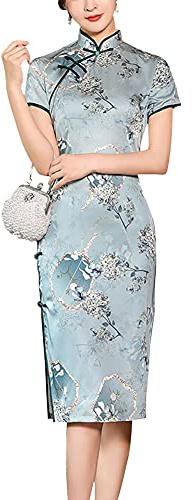 Vintage Floral Print Midi Cheongsam Qipao Dress Mandarin Collar Keyhole Short Sleeve Chinese Style Party Dress