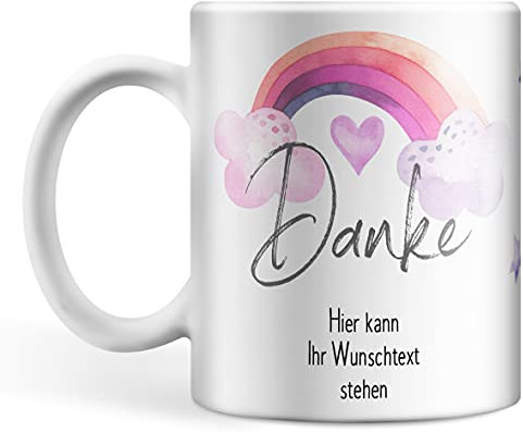 Danke Tasse personalisiert mit eigenem Wunschtext, personalisierte Tasse Regenbogen Geschenk personalisierbar, Dankeschön-Geschenk