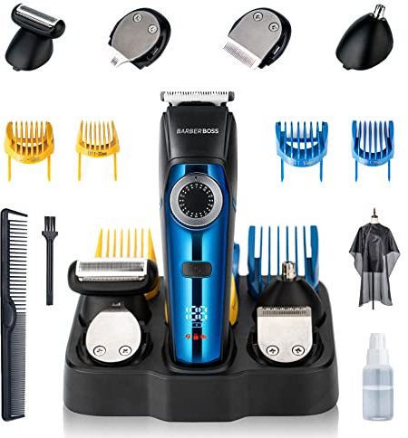 BarberBoss Tondeuse à barbe, tondeuse à cheveux, tondeuse à nez et oreilles, tondeuse de détails 5 en 1, tondeuse sans fil, 39 réglages de longueur, écran LED et 100% étanche, QR-6081