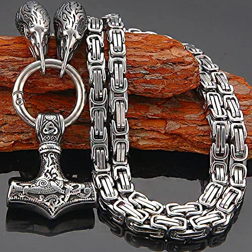 Men Thor's Hammer Viking Necklace, Silver Stainless Steel Nordic Mythology Mjolnir Amulet Pendant Jewelry, Multiple Style Animal Head Square King Chain,Raven Head,70 cm