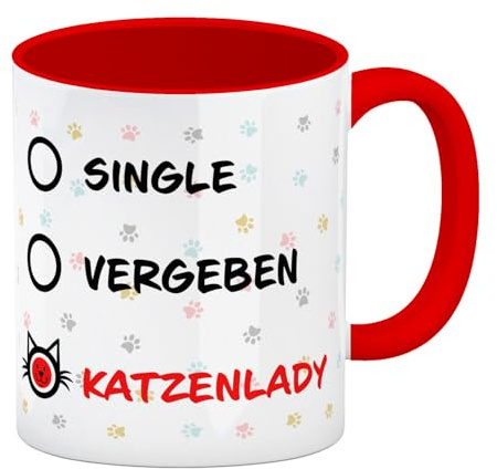Kaffeebecher Rot mit Motiv - Katzenlady Single Vergeben zum Ankreuzen