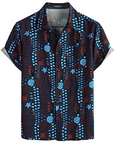LucMatton Men's Linen 70s Hippie Style Floral Print Shirt Short Sleeve Button Down Hawaiian Shirts Navy Blue Large