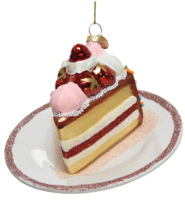 Kaemingk Christbaumschmuck Glas 12,5cm Erdbeer Torte auf Teller Weihnachtskugeln weiß rot