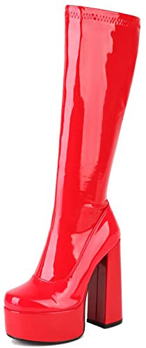 MJIASIAWA Donna Senza Chiusura Knee Plateau Chunky Stivali Stretch Festa Moda Tacco Alto Plateau Vernice Stivali Equitazione Vestito Rosso Numero 36 Eu