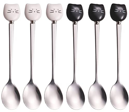 PBIEHSR cucchiaino da caffè gatto in acciaio inossidabile, cucchiaio da dessert cucchiaio da tè design gattini, per Caffè, Dessert, Bibite, Miscelazione (Bianco e Nero)