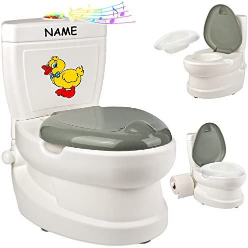 alles-meine.de GmbH Kindertoilette/Töpfchen Spülgeräusch + Licht Ente - inkl. Name mit Wasserspülung Sound - Nachttopf/Babytopf - mit Deckel - weiß - Musik - Toilettent..