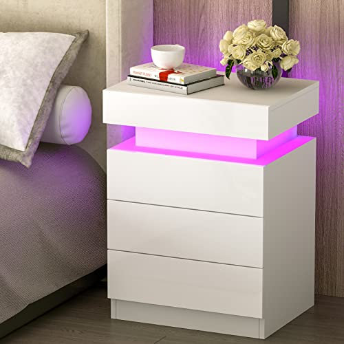 HaodaCulture Mesitas de Noche con luz LED, Mesa de Noche con 3 cajones, Mesitas de Noche Blancas, Frentes de Alto Brillo y Luces LED Ajustables de 16 Colores, Mesa Auxiliar, para Dormitorio, Salón