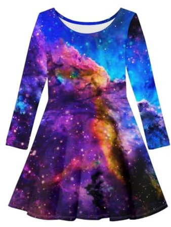 PinUp Angel Robe patineuse à manches longues pour filles de 5 à 16 ans, cadeau d'anniversaire, Galaxie violette et bleue, 15-16 Years