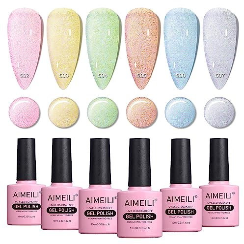 AIMEILI UV Gel Nagellack Glitzer 6 Farben Jelly Translucent Glitzer UV Nagellack Rosa Gelb Grün Blau Lila Orange Spring Summer Glitter Gel Polish Maniküre Gift Kit 50