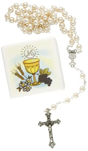 MaMeMi ROSENKRANZ zur KOMMUNION mit PERLEN & KREUZ – ca. 47 cm – Aus Italien - in AUFBEWAHRUNGSDOSE mit KELCH-MOTIV (IHS) – Kommuniongeschenk für MÄDCHEN & JUNGEN Markenqualität