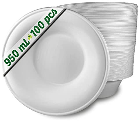 GoBeTree 100 Bols en Papier Jetable de Canne à Sucre de 950 ml grands. Vaisselle Jetable Biodégradable ultra-résistante de Couleur Blanche. Bols pour Fêtes et petits déjeuners.