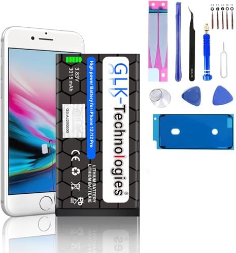 High Power Replacement Battery Compatible with Apple iPhone 12 A2172 A2402 A2403 A2404 A2341 A2406 A2407 A2408 GLK-Technologies Battery 3015 mAh Battery Including Professional Tool Kit NUE