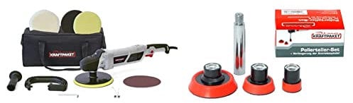 Bundle aus Dino KRAFTPAKET 1500W Rotations Poliermaschine 150mm + Stützteller Set 30mm, 50mm, 75mm mit Verlängerungsadapter (12-Stufig mit LCD-Display im Set mit Tasche & Zubehör)