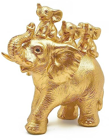 Irayin Elefanten Deko, Elefant Statue Figure, Mama Geschenk, Elefantenmutter trägt DREI Elefantenbabys auf ihrem Rücken, Dekoration für Wohnzimmer, Büro, Bücherregal, Schlafzimmer - Gold
