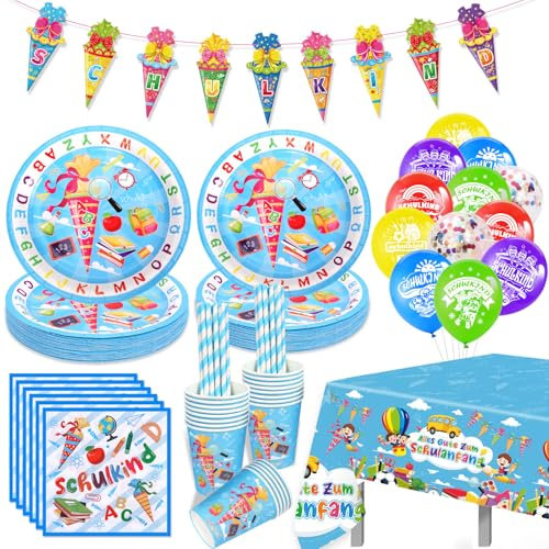 DPKOW 94 STK Einschulung Deko Set, Pappteller Einschulung Luftballons Girlande Schulkind Servietten Tischdecke Becher Papierstrohhalme, Schulanfang Deko Schuleinführung Deko Einschulung Junge Mädchen