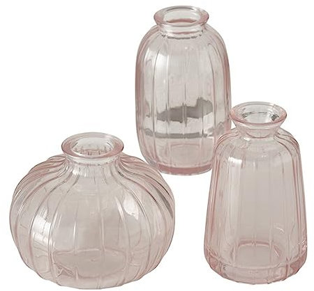 Dekovase im 3er Set aus Glas 3 Formen Oval, Flasche und Rund Tischdekoration Blumenvase - Rosa