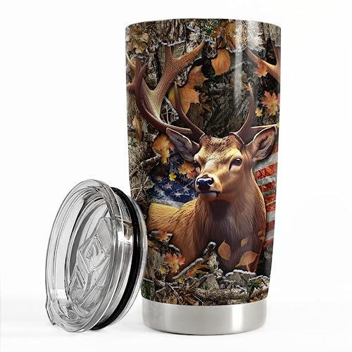 SANDJEST Thermobecher mit Hirschmotiv, 590 ml, Edelstahl, isoliert, für Kaffee, Reisen, Tasse, Geschenke für Männer, Geschenk für Geburtstag, Weihnachten