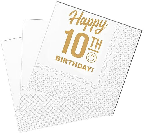 SharkBliss Lustige Cocktail-Servietten 10. Geburtstag, 50 Stück Papierservietten, 2-lagig, 12x12 cm (Gold, Happy 10th Birthday)