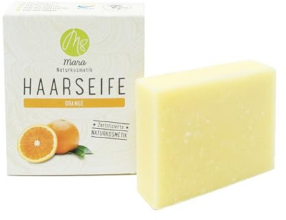 Mara Naturkosmetik - Feste Haarseife Orange – Pflegende Wellness Reinigung ohne Palmöl für Frauen und Männer – Naturseife - Nachhaltig, vegan, bio, umweltfreundlich, handgemacht und zertifiziert 1x90g