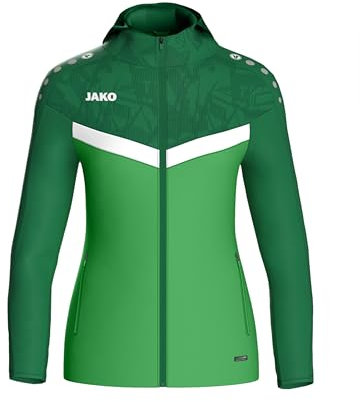 JAKO ICONIC Kapuzenjacke Gr. 40 Soft Green/Sportgrün - Zipper Hoodie Damen, Bequeme Sweatjacke mit Keep Dry Funktion aus 100% recyceltem Polyester