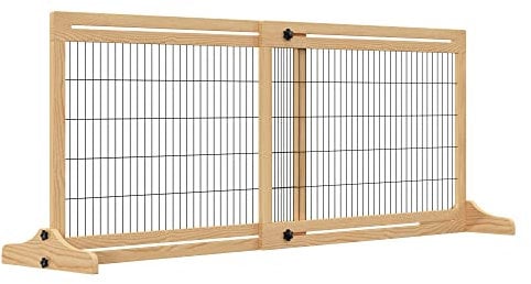 PawHut Cancelletto di Sicurezza per Cani in Legno, Cancellino per Cani Estensibile da Interno per Corridoio e Porte, 104-183x36x69cm, Colore Legno