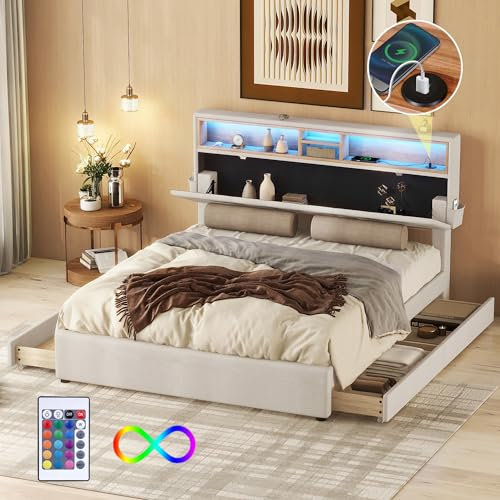 Doppelbett mit Stauraum, USB-Anschluss und LED-Beleuchtung, Polsterbett mit verstellbarem Kopfteil, Leinen und MDF, Beige, 140 x 200 cm