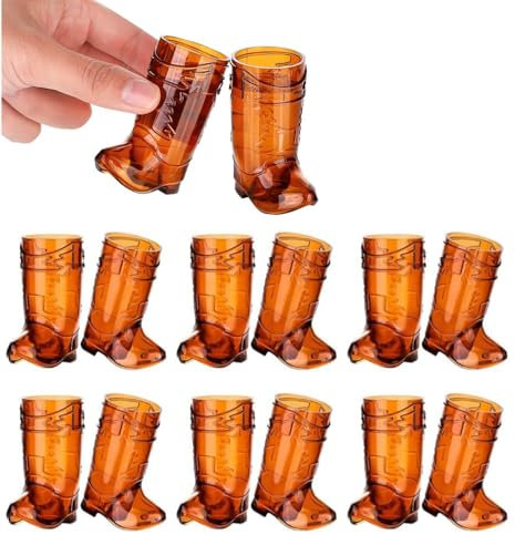 XIGUI 12 Pieces 1oz Clear Cowboy Glasses Mini Cowboy Boot Shot Glasses Plastic Western Cowboy Boot Cups Reusable for Cowboy Cowgirl Party, Bachelorette Party, Wedding Decor Supplies (Brown)