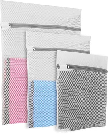 Meuvo Mesh Laundry Bags for Washing Machine – Durable Washing Bags for Laundry, Delicates Wash Bag with Elastic Zipper Protector, Net Laundry Bags for Socks, Bra and T-Shirts, White, Pack of 3