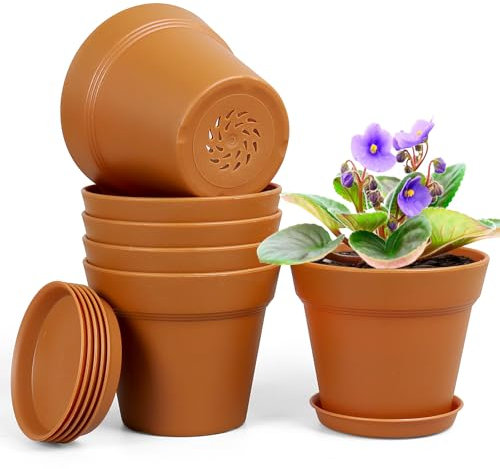 Homeuouz 6 Packs Blumentopf mit Untersetzer, 17.8cm Pflanzentopf, Plastik Übertopf mit Mehrere Ablauflöchern, Hydrokultur Topf, Blumentöpfe Set Ideal für Innen und Balkongärten,Terrakotta