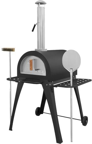14 Outdoor Wood-Fired Pizza Oven & Smoker - Black Steel - Side Shelves & Stand