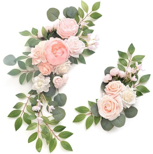JOYWU Wedding Arch Faux Flowers with Leaves,2 Pcs Wedding Welcome Signs Floral Decoration,Pink Ceremony Reception Backdrop Decor,Rose Floral Arrangement,Indoor Outdoor Faux Flower Swags