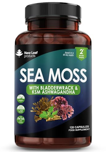 Sea Moss Complex - Pure Irish Sea Moss Capsules with Bladderwrack & KSM Ashwagandha - High Strength Seamoss Capsule - 120 Fill Vegan Irish Seamoss Capsules Made in The UK By New Leaf