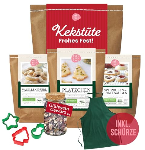 Bake with Love - Weihnachtskekse Backset | Backmischung Plätzchen, Vanillekipferl, Spitzuben | Mit Glühweingewürz | Geschenkset Weihnachten zum Plätzchen backen | Mitarbeiter Weihnachtsgeschenke