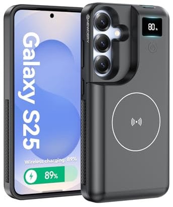 NEWDERY Samsung Galaxy S25 Battery Case 6.2 inch, 8000 mAh Portable Power Bank with LED Display, Wireless Qi Charger and 20W USB-C Fast Charge, Sync Data Support, Black