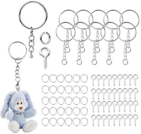 Schlüsselanhänger Ring, Schlüssel Ringe Kette, 10 Stück Schlüsselring mit kette, 50 Stück offene Binderinge, 50 Schrauböse Pins, Schlüsselanhänger Kette für Schlüssel Handwerk DIY Schmuckherstellung