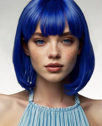 YEESHEDO Kurze Bob Blau Haar Perücken Gerade mit Flach Pony Synthetische Bunte Cosplay Tägliche Party Perücke für Frauen Natürliche Wie Echthaar 30cm (Blue)