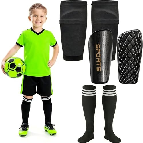 Schienbeinschoner Kinder Fussball, mit Schienbeinärmeln & Fußballsocken für Jungen & Mädchen im Alter von 3–8,8–10,10–12,12-16 Jungen & Mädchen