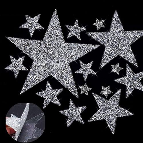 17Pcs 5 Sizes Iron-on Star Rhinestone Patches, Silver Adhesive Bling Star Shape Applique for Jeans, Jackets, Caps, Dress, Bag, DIY Clothing Repair