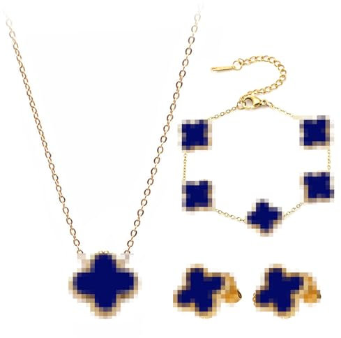 18k Vergoldet Vierblättriges Kleeblatt Armband Vierblättriges Kleeblatts Schmuckstück Edelstahl Plattiert Zweiseitig Vierblättriges Schmuck Vierblättriges Glücksklee Schmuckset Für Damen Edelsteinblau