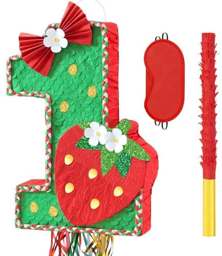 WERNNSAI Erdbeerpinata - 1. Geburtstag Dekoration Pinata mit Augenbinde und Stab für 1. Geburtstag Party Dekoration Baby Shower One Year Anniversary Decoration Supplies