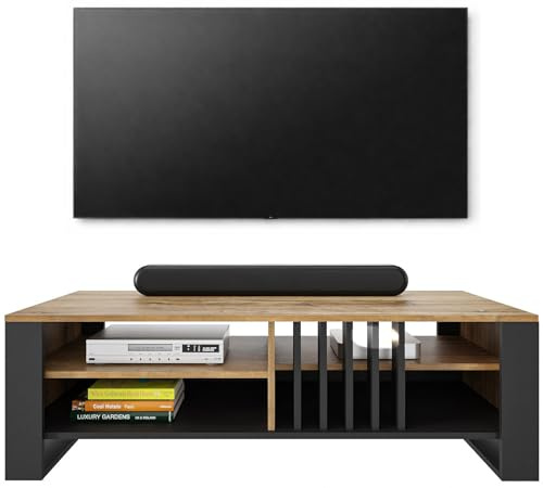 Meble Pitus RTV III TV Schrank 145 cm – Fernsehschrank Sideboard in Eiche Wotan Schwarz, Lowboard für Fernseher bis 65 Zoll, TV Möbel modern Wohnzimmer