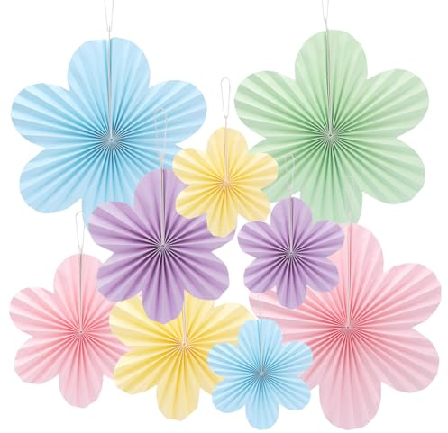 BORUiT 9 Stück Papierblumen Deko, Papierventilator zum Aufhängen mit Saite und Pin, für Hochzeit Geburtstagsfeier Tisch Klassenzimmer Babydusche Festliche Girande Dekorationen (Mehrfarbig)